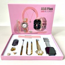 Комплект A58 Plus 7в1 - Smart Watch / Кварцовий годинник / Прикраси / 2 ремінця (Сірий)