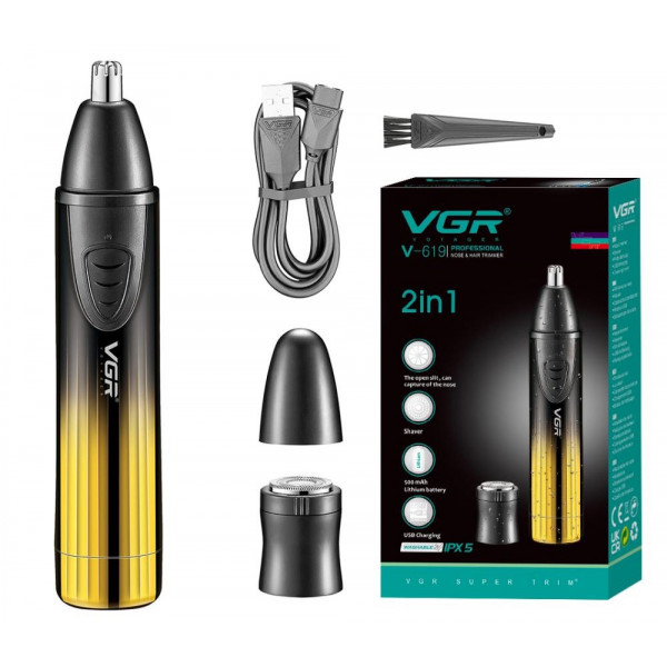 Триммер 2в1 VGR V-619 и шейвер для носа, ушей с 2 насадками (Золотой)