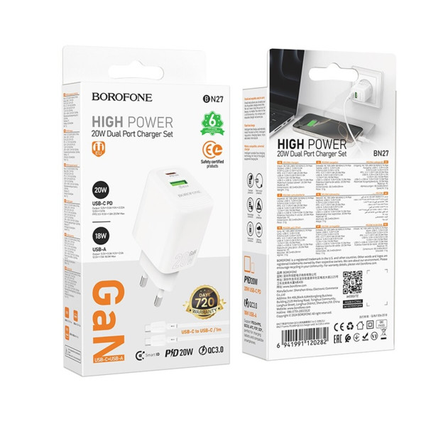 Мережевий зарядний пристрій BOROFONE BN27 Fuente PD20W+QC3.0 charger (EU) White