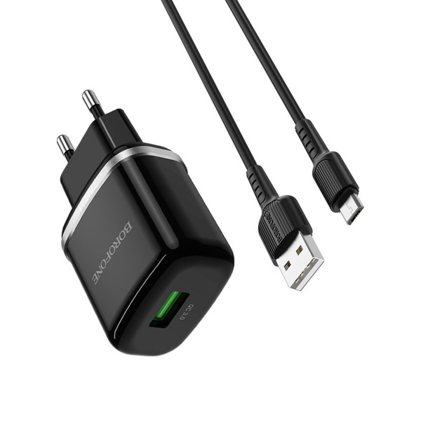 Мережевий зарядний пристрій з кабелем BOROFONE BA36A High speed single port QC3.0 charger set 18W(Micro) Black
