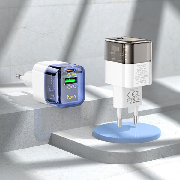 Мережевий зарядний пристрій HOCO C131A Platinum dual-port PD30W+QC3.0 charger(EU) Transparent black