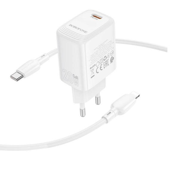 Мережевий зарядний пристрій з кабелем BOROFONE BN26 Fuente single-port PD20W charger set (C to iP) (EU) White