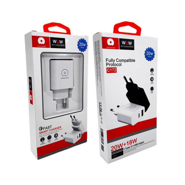 Мережевий зарядний пристрій WUW-C172 20W PD USB-C + USB QC3.0 18W white