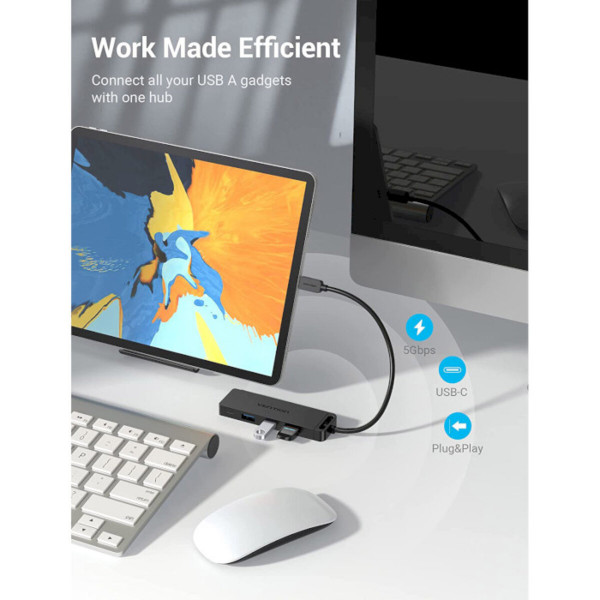 USB-хаб Vention Type-C to 4-Port USB 3.0 Hub with Power Supply Black 0.5M ABS Type