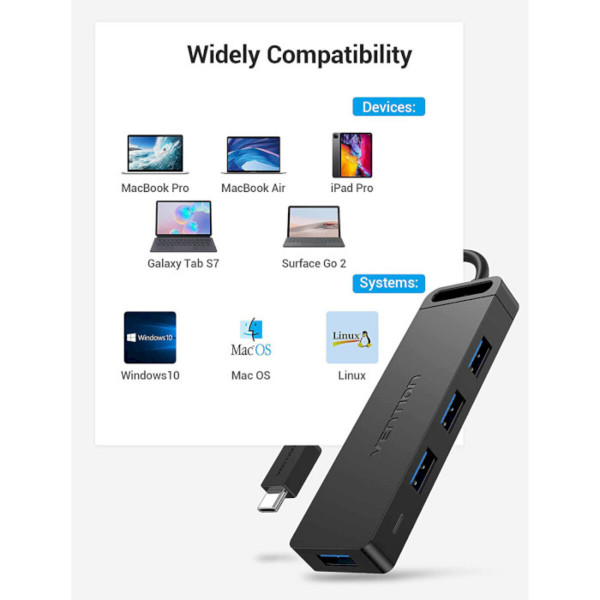 USB-хаб Vention Type-C to 4-Port USB 3.0 Hub with Power Supply Black 0.5M ABS Type