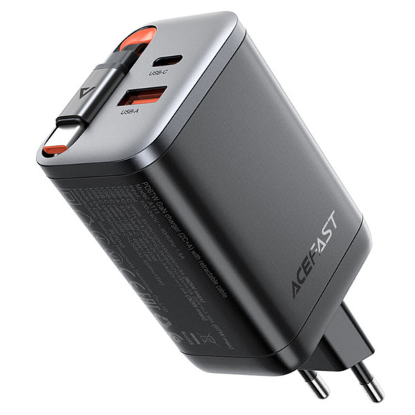 Мережевий зарядний пристрій ACEFAST A111 PD67W GaN charger(2*USB-C+USB-A) with retractable cable Black