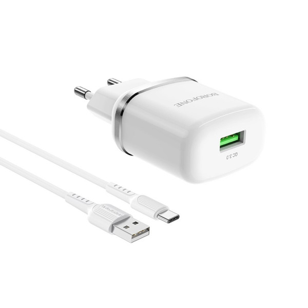 Мережевий зарядний пристрій з кабелем BOROFONE BA36A High speed single port QC3.0 charger set 18W(Type-C) White