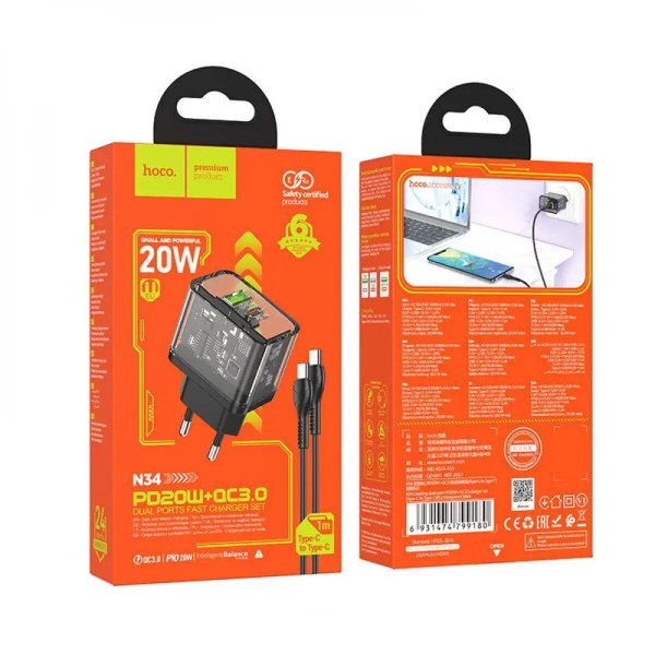 Мережевий зарядний пристрій з кабелем HOCO N34 Dazzling dual-port PD20W+QC3.0 charger set(Type-C to Type-C) Transparent Black
