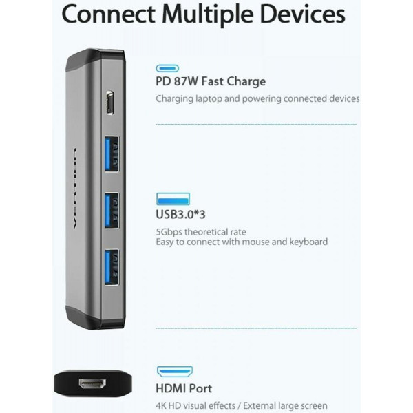 USB-хаб Vention Type-C to HDMI/USB3.0*3/PD Converter 0.15M Gray Metal Type (CNBHB)