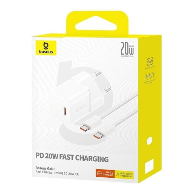 Мережевий зарядний пристрій з кабелем Baseus GaN5 Fast Charger(mini) 1C 20W EU Moon White(With: Fast Charging Data Cable Type-C)