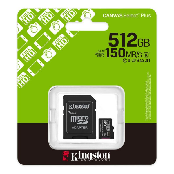Карта пам'яті microSDXC (UHS-1 U3) Kingston Canvas Select Plus Gen3 512Gb class 10 А1 V30 (R-150MB/s) (adapter SD)