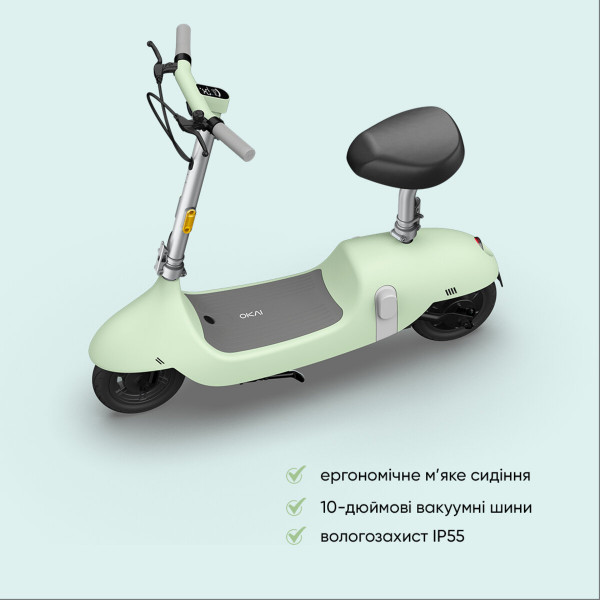 Електросамокат з сидінням OKAI Ceetle PRO EA10C Mint Green 10', 350(900)W, 25Km/h, 10.4Ah, 55Km, 20%,NFC, App, 29kg