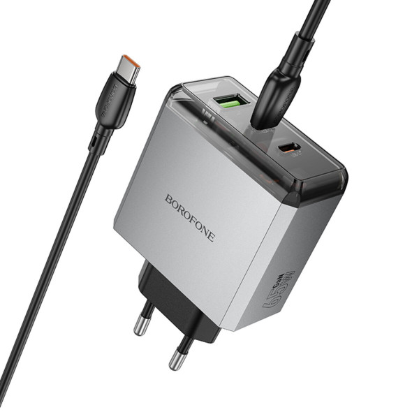 Мережевий зарядний пристрій з кабелем BOROFONE BN22 Lena PD65W (2C1A) charger set (C to C(EU) Metal Gray