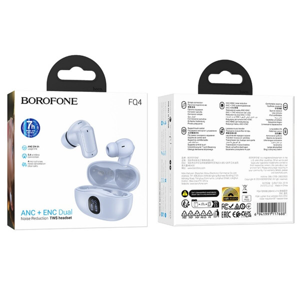 Бездротові навушники BOROFONE FQ4 Lighten true wireless ANC+ENC noise reduction BT headset Blue