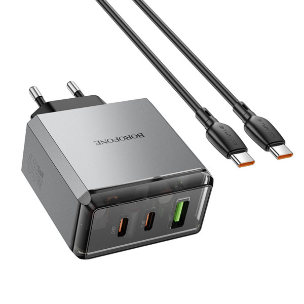 Мережевий зарядний пристрій з кабелем BOROFONE BN22 Lena PD65W (2C1A) charger set (C to C(EU) Metal Gray