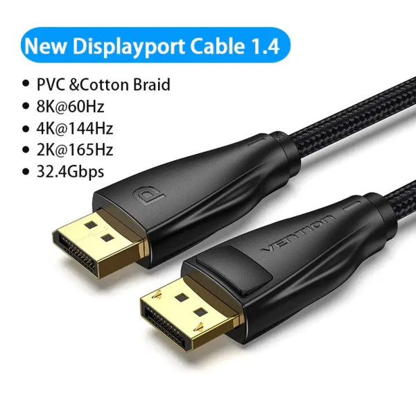Кабель Vention DisplayPort, 1 м, v1.4  чорний, 8K 60 Hz, 4K 144Hz, 2K 165Hz, 1080P 240Hz (HCCBF)