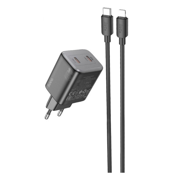 Мережевий зарядний пристрій з кабелем HOCO N42 Elogiado dual-port PD45W(2C) charger set(C to iP) Black
