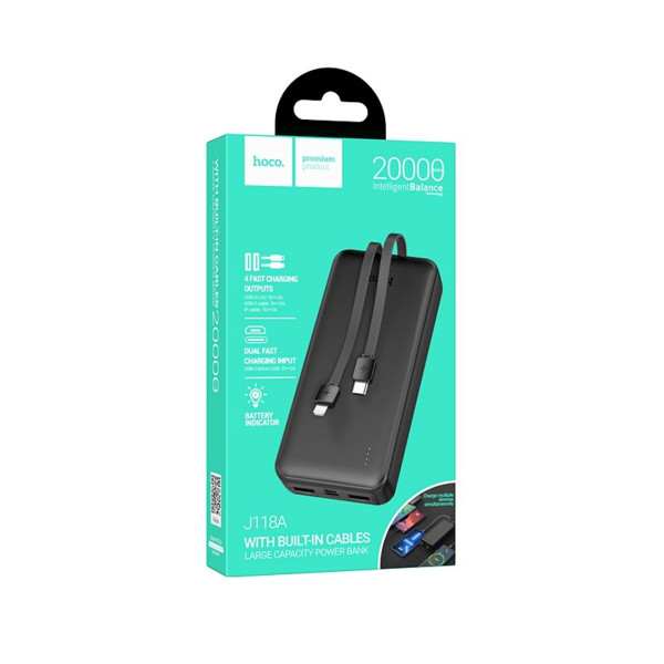 Зовнішній акумулятор HOCO J118A Speed energy power bank with cable(20000mAh) Black