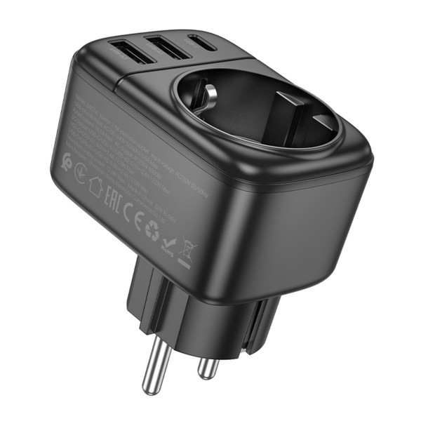 Мережевий фільтр BOROFONE BAC14 Wide 1-socket wall outlet (1C2A) (EU/GER) Black