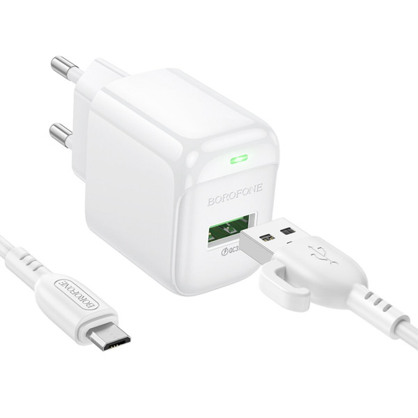 Мережевий зарядний пристрій з кабелем BOROFONE BAS42A Potential single-port QC3.0 charger set(Micro)(EU) White