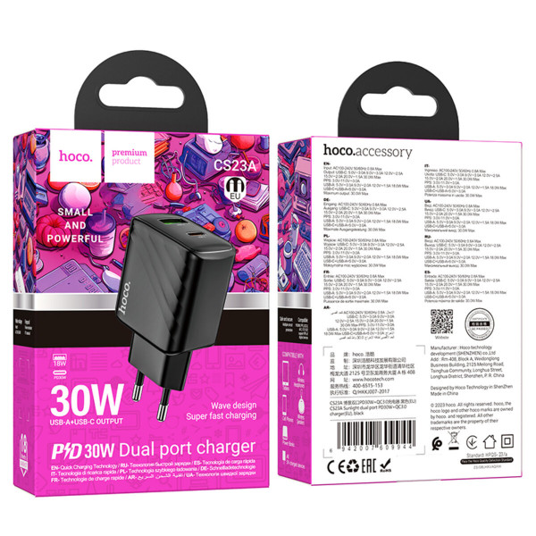 Мережевий зарядний пристрій HOCO CS23A Sunlight dual port PD30W+QC3.0 charger Black