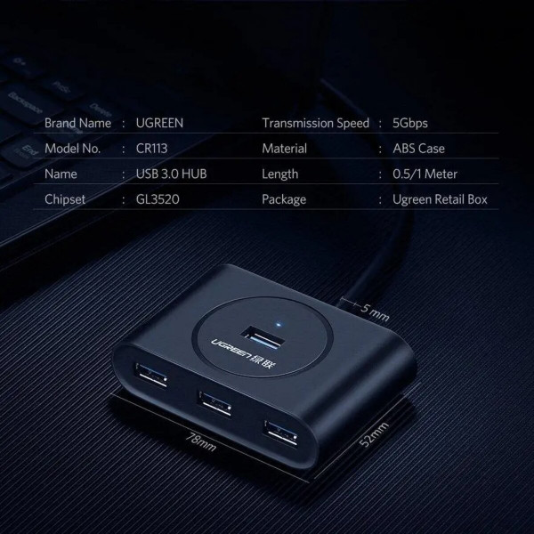 USB-хаб UGREEN USB 3.0 Hub  0.5m (Black)