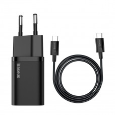 Мережевий зарядний пристрій Baseus Super Si Quick Charger 1C 25W EU Sets Black（With Mini White Cable Type-C to Type-C 3A 1m Black）