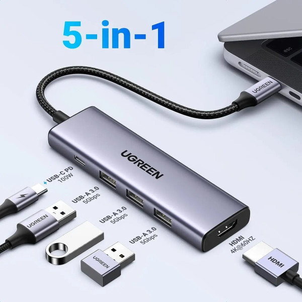 USB-хаб UGREEN CM511 USB-C To HDMI+3*USB 3.0 A+PD Power Converter