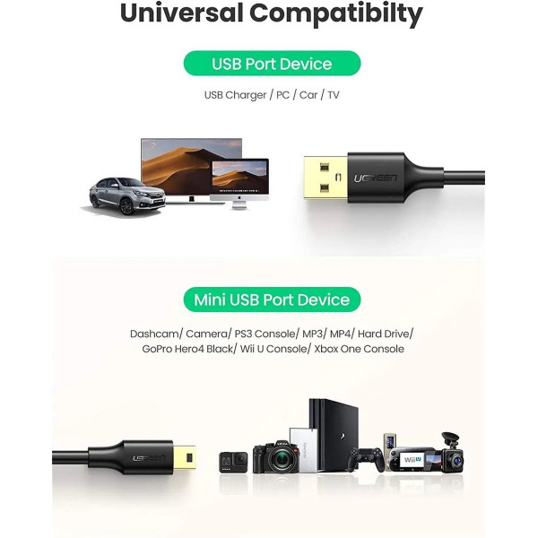 Кабель UGREEN USB 2.0 A Male to Mini 5 Pin Male Cable 0.5m (Black)