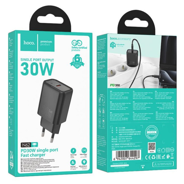 Мережевий зарядний пристрій HOCO N62 Gentle single port PD30W charger (EU) Black