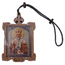 Ікона оберіг на нитці на дзеркало заднього виду МиколаЧудотворець квадрат дерево+ладан (5,6*6,5см)