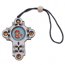 Хрест дерев'яний на дзеркало заднього виду на нитці з камінням "Божа Матір" (6,5х5,0см)