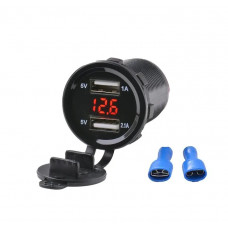 Гніздо під 2 USB DC 12-24V/5V 2,1-2,1A червоний підсвічування,Вольтметр,з різьбою А16R