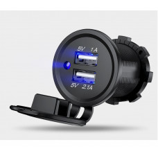 Гніздо під 2 USB DC 12-24V/5V 2,1-1A, синій індикатор з різьбленням