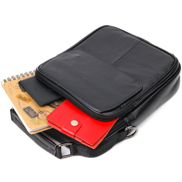 Практичный мужской мессенджер из натуральной кожи Vintage 21950 Черный