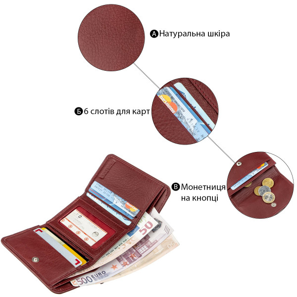 Компактный женский бумажник на кнопке ST Leather 18885 Темно-красный