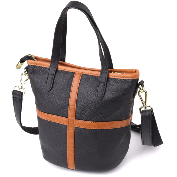 Женская кожаная сумка с коричневой вставкой на лицевой стороне Vintage 22997 Черный