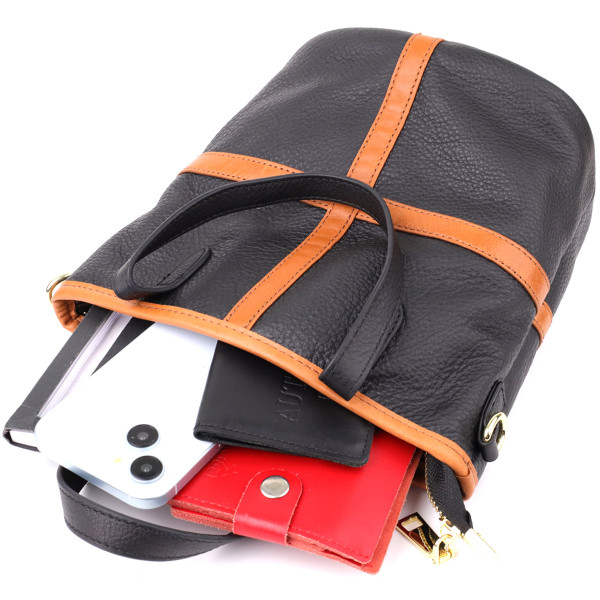 Женская кожаная сумка с коричневой вставкой на лицевой стороне Vintage 22997 Черный