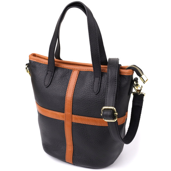 Женская кожаная сумка с коричневой вставкой на лицевой стороне Vintage 22997 Черный