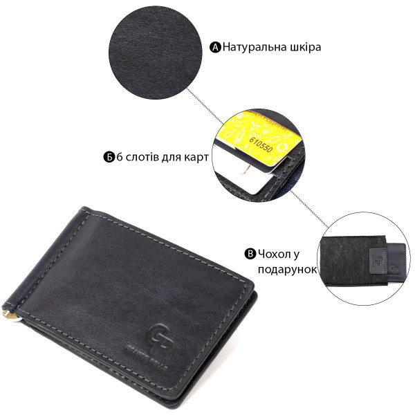 Мужской кожаный зажим для денег GRANDE PELLE 11476 Темно-синий