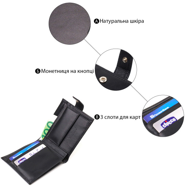 Стильный мужской кошелек из натуральной гладкой кожи CANPELLINI 21880 Черный