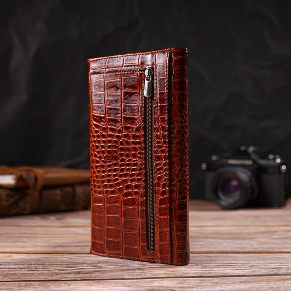 Женское портмоне из лакированной натуральной кожи с тиснением под крокодила CANPELLINI 21704 Коричневое