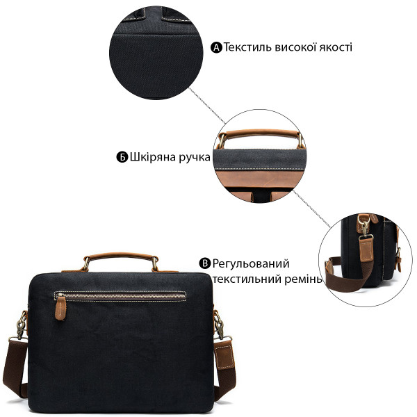 Сумка-портфель мужская текстильная с кожаными вставками Vintage 20002 Черная