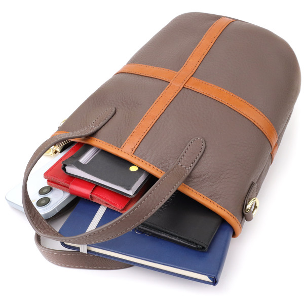 Женская кожаная сумка с коричневой вставкой на лицевой стороне Vintage 22999 Бежево-серый