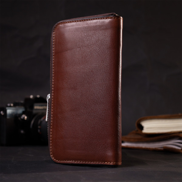 Удобный кошелек-клатч на молнии из натуральной кожи GRANDE PELLE 11659 Коричневый