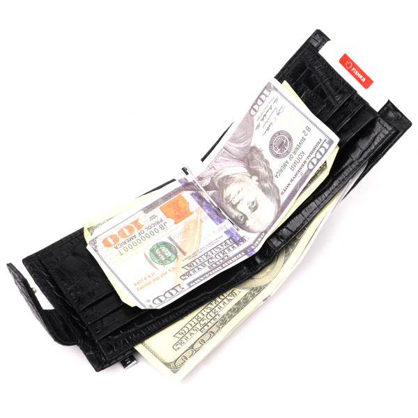 Превосходный мужской зажим из натуральной лакированной фактурной кожи под крокодила KARYA 21043 Черный