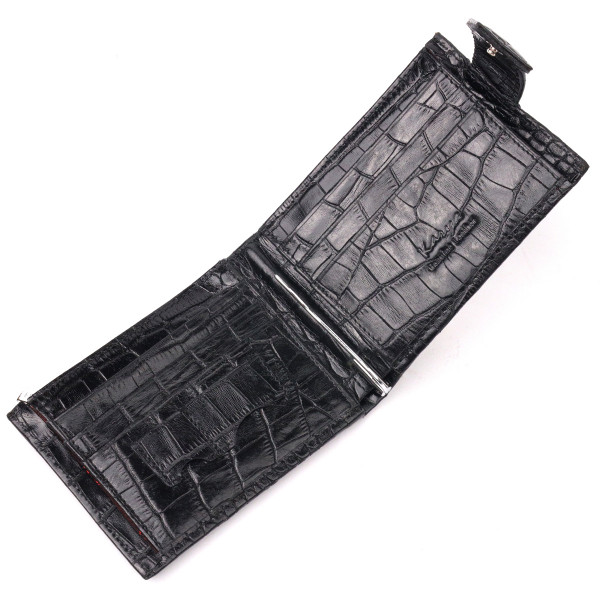 Превосходный мужской зажим из натуральной лакированной фактурной кожи под крокодила KARYA 21043 Черный