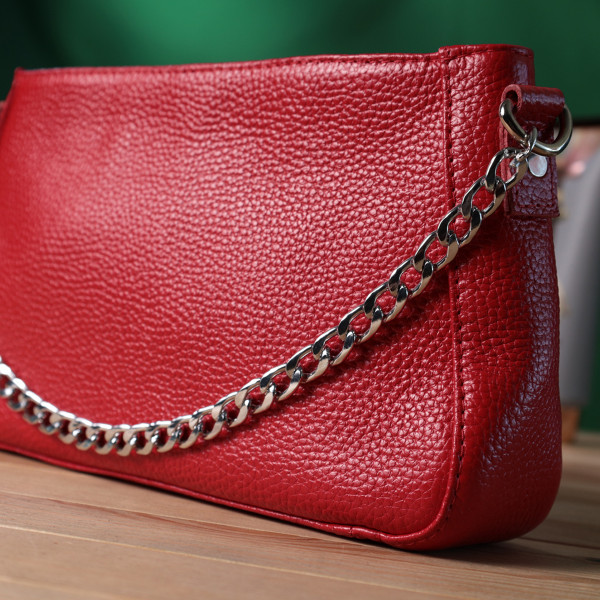 Яркая сумка багет с цепочкой и съемным ремешком из натуральной кожи Shvigel 22836 Красная