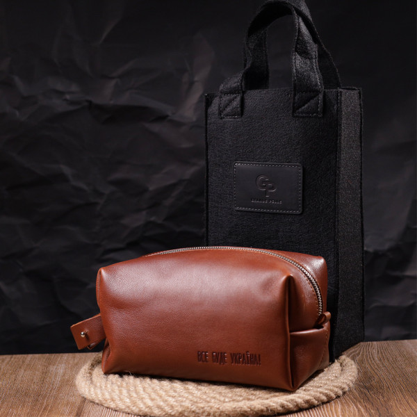 Мужской несессер большого размера из гладкой кожи на молнии Украина GRANDE PELLE 16769 Светло-коричневый