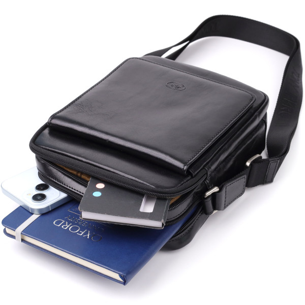 Отличная мужская сумка с карманами из гладкой натуральной кожи Tony Perotti 20857_1 (9148-17 nero) Черный